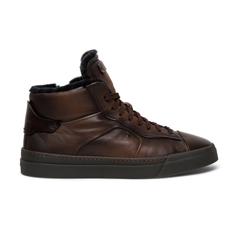 Santoni Men's Polished Brown Leather Sneaker Dark Brown