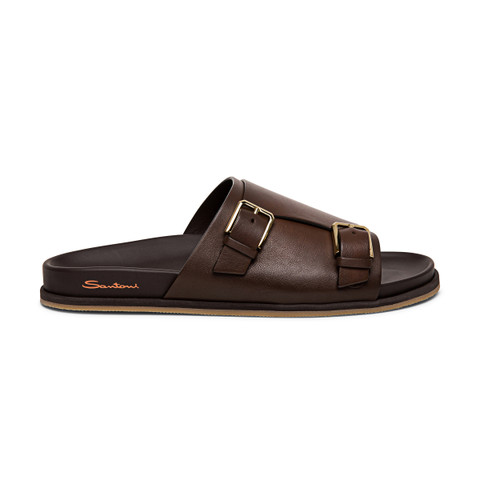 Santoni Men's Brown Leather Double-buckle Sandal Dark Brown