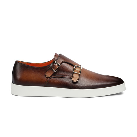 Santoni Men's Brown Tumbled Leather Double-buckle Shoe Dark Brown