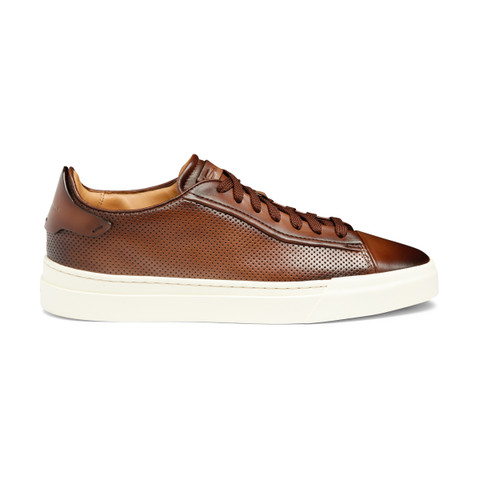 Santoni Men's Polished Brown Leather Perforated-effect Sneaker
