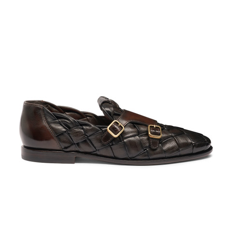 Santoni Men's Polished Brown Leather Loafer With Double-buckle And Woven Upper Marrón Oscuro