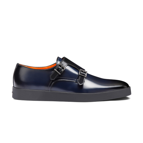 Santoni Men's Blue Shiny Leather Double-buckle Shoe
