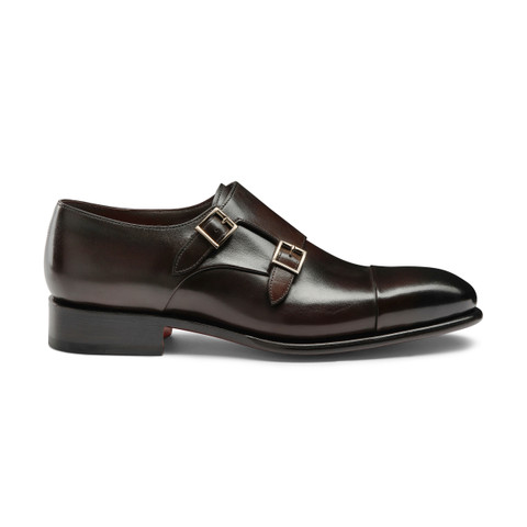 Santoni Men's Polished Brown Leather Double-buckle Shoe Dark Brown