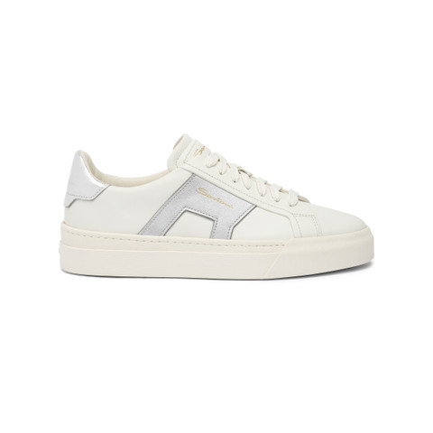 Santoni Women's White And Silver Leather Double Buckle Sneaker