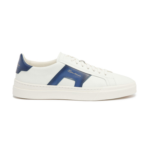 Santoni Men's White And Blue Leather Double Buckle Sneaker
