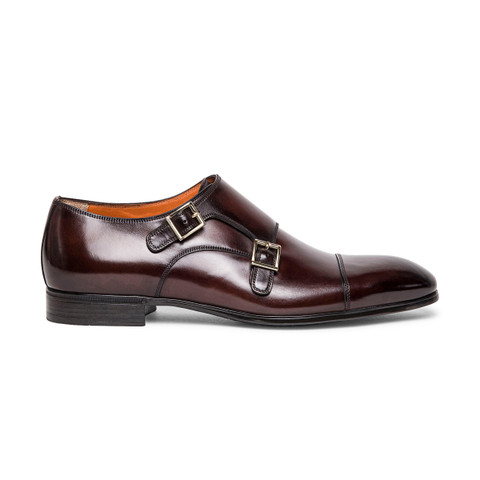 Santoni Men's Brown Leather Double-buckle Shoe Dark Brown