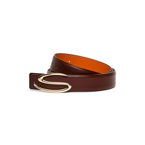 Santoni Men's Polished Brown Leather S Buckle Belt Mid Brown
