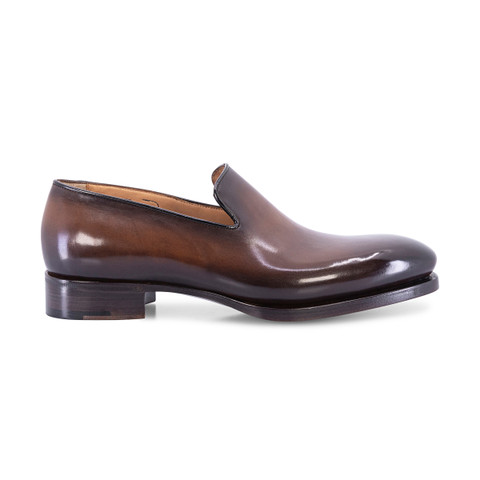 Santoni Men's Polished Brown Leather Uniqua Loafer Dark Brown