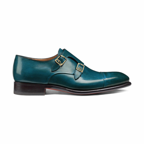 Santoni Men's Dark Blue-green Leather Double-buckle Shoe Light Blue