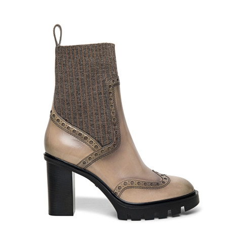Santoni Women's Grey Leather Mid-heel Brogue Sock Boot Gray