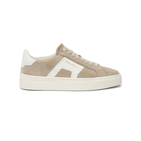 Santoni Women's Beige And White Suede And Leather Double Buckle Sneaker Natural