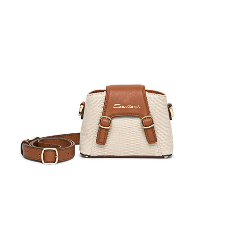 Santoni Brown Leather And Canvas Crossbody Bag Blanco