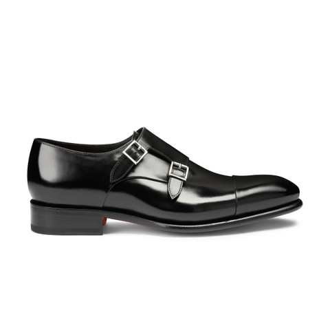 Santoni Men's Polished Black Leather Double-buckle Shoe