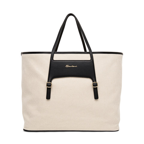 Santoni Shopping Bag In Canvas E Pelle Nera Bianco