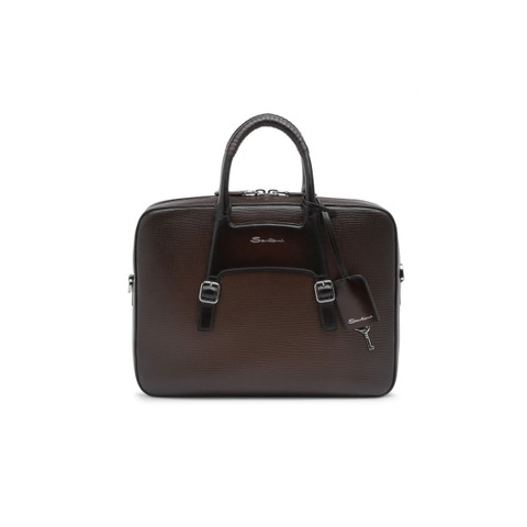 Santoni Brown Embossed Leather Briefcase Dark Brown