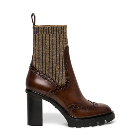 Santoni Women's Brown Leather Mid-heel Brogue Sock Boot Light Brown
