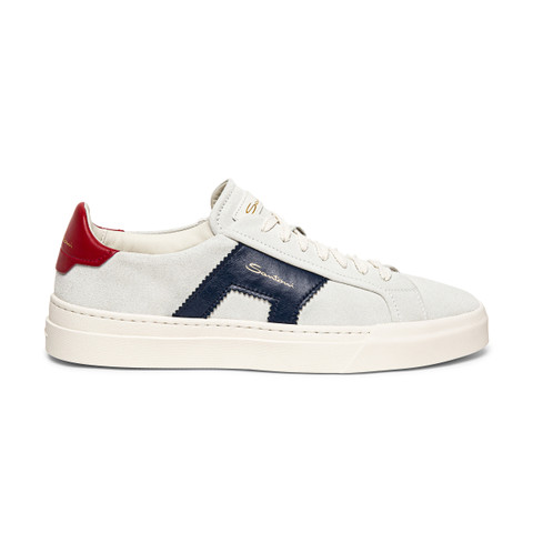 Santoni Men's White, Blue And Red Suede And Leather Double Buckle Sneaker