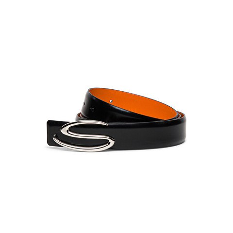 Santoni Men's Polished Black Leather S Buckle Belt