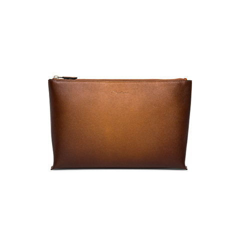 Santoni Brown Saffiano Leather Pouch Marrón Medio