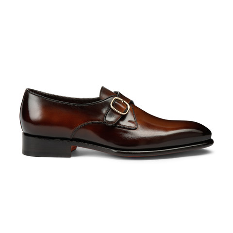 Santoni Men's Brown Leather Single-buckle Shoe Dark Brown