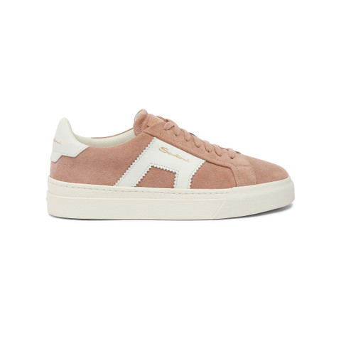Santoni Women's Pink And White Suede And Leather Double Buckle Sneaker Rosa