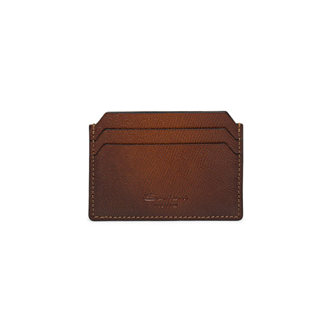 Santoni Brown Saffiano Leather Credit Card Holder Marrón Medio