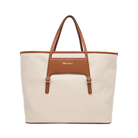 Santoni Shopping Bag In Canvas E Pelle Marrone Bianco