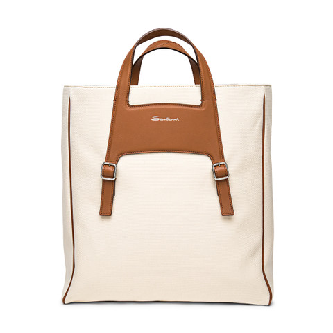 Santoni Brown Leather And Canvas Handbag