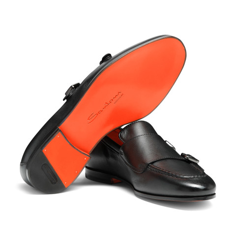 Men's polished black leather double monk loafer - Santoni - 4