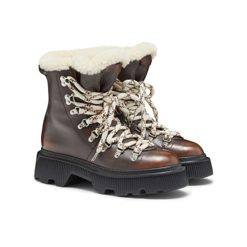 Women's brown leather hiking boot with fur - Santoni - 3