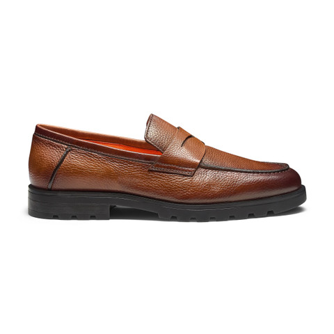 Men's brown tumbled leather penny loafer - Santoni - 1