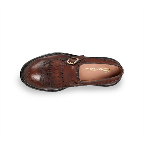 Women's dark brown leather single monk strap shoe with frange - Santoni - 4