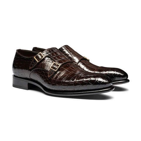 Men's dark brown alligator leather double-buckle shoe - Santoni - 2