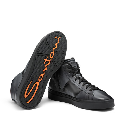 Men&rsquo;s grey leather Double Buckle Sneaker with fur - Santoni - 3