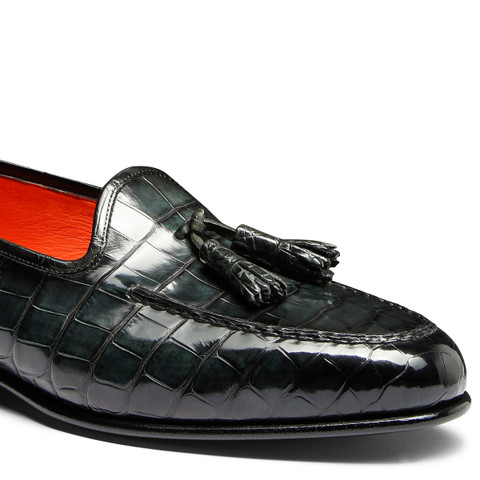 Mocasín Andrea de hombre con borlas en piel de aligátor verde - Santoni - 5