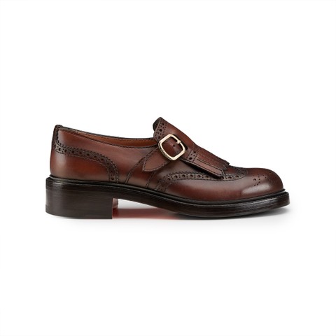 Women's dark brown leather single monk strap shoe with frange - Santoni - 1