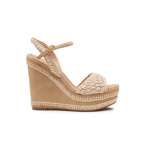 Women's beige suede and raffia wedge - Santoni - 1