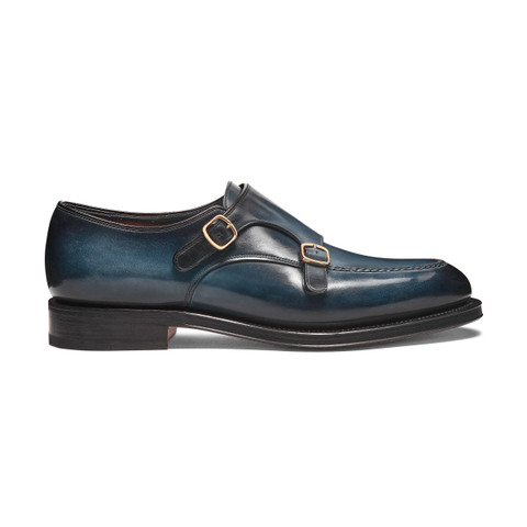 Men's blue leather double monk straps shoe - Santoni - 1