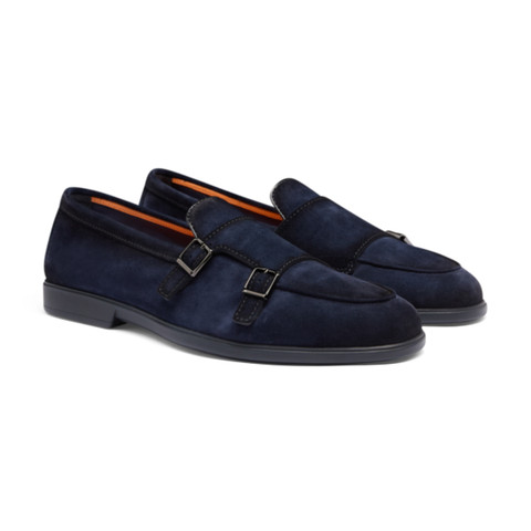 Men's blue suede double monk straps loafer - Santoni - 3