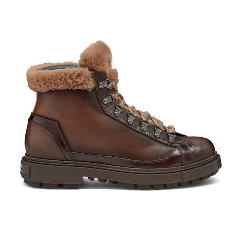 Men's dark brown leather hiking boot with fur - Santoni - 1