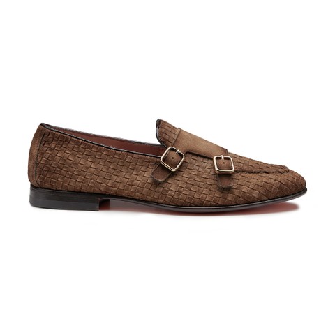 Men's blue woven suede double-monk loafer - Santoni - 1