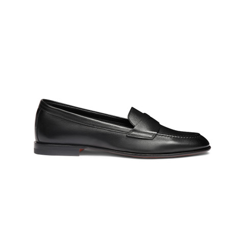 Women&rsquo;s black leather penny loafer - Santoni - 1