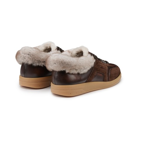 Women's dark brown suede sneaker with fur - Santoni - 3