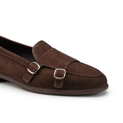 Women's dark brown suede double monk straps loafer - Santoni - 5
