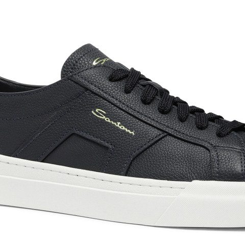 Men's blue tumbled leather double buckle sneaker - Santoni - 6
