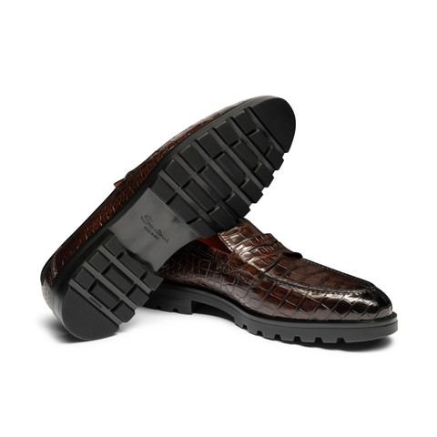 Men's dark brown alligator leather penny loafer - Santoni - 3