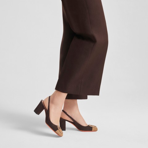 Women's dark brown and beige suede high-heel slingback - Santoni - 2