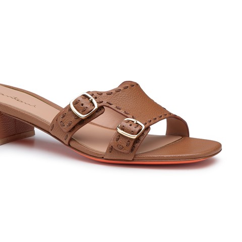 Women's brown leather low-heel Didi sandal - Santoni - 5