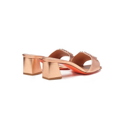 Women's pink laminated leather mid-heel sandal - Santoni - 4