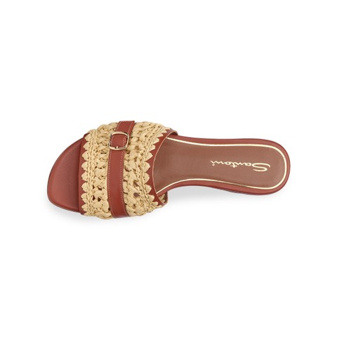 Women's brown leather and raffia slide sandal - Santoni - 4